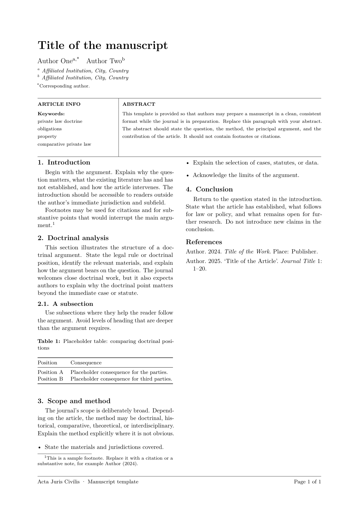 First page of the Acta Juris Civilis two-column LaTeX template